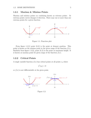 1.2. SOME DEFINITIONS 5
1.2.1 Maxima  Minima Points
Maxima and minima points on combining known as extrema points. At
extrema points curves changes it direction. There may one or more than one
extrema points for a given function.
x
y
x = ay2
(0, 0)
b
(a)
x
y
x = a − y2
(0, 2)
b
(b)
Figure 1.1: Function plot.
From figure 1.1(1) point (0, 0) is the point at deepest position. This
point is known as the minima point in the given range of the function f(x).
Similarly from figure 1.1(2), point (0, 2) is the point at maximum height. It
is known as maxima point for given range of the function f(x).
1.2.2 Critical Points
A single variable function f(x) has critical points at all points x0 where
f
′
(x0) = 0
or f(x) is not differentiable at the given point.
x
f(x)
f(x) = 2x2
(0, 0)
b
f
′
(x) = 0
(a)
x
f(x)
f(x) = 4 − x2
(0, 2)
b
f
′
(x) = 0
(b)
Figure 1.2:
 