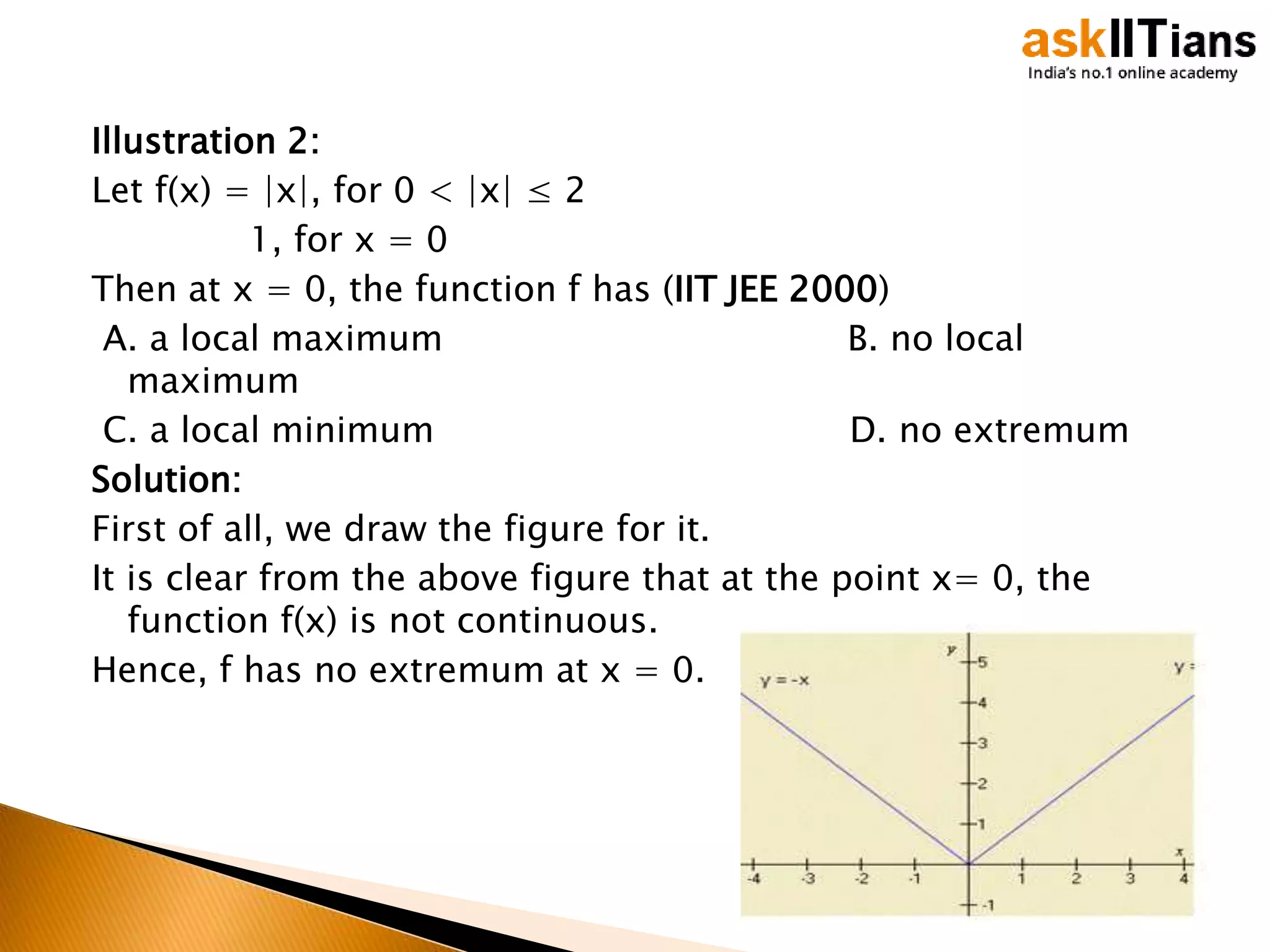 Illustration 2:
Let f(x) = |x|, for 0 < |x| ≤ 2
1, for x = 0
Then at x = 0, the function f has (IIT JEE 2000)
A. a local maximum B. no local
maximum
C. a local minimum D. no extremum
Solution:
First of all, we draw the figure for it.
It is clear from the above figure that at the point x= 0, the
function f(x) is not continuous.
Hence, f has no extremum at x = 0.
 