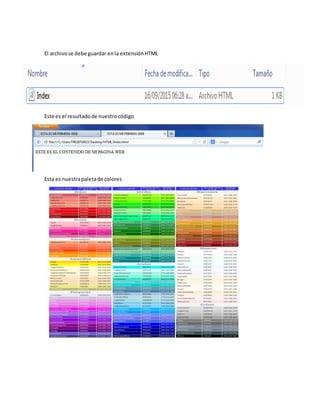 El archivose debe guardar enla extensiónHTML
Este es el resultadode nuestrocódigo
Esta es nuestrapaletade colores
