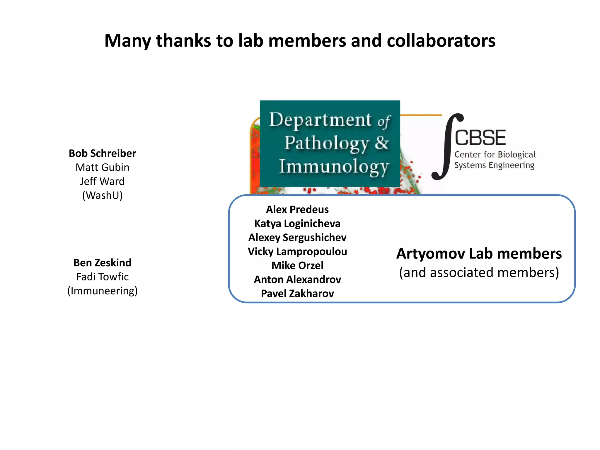 Artyomov Lab members
(and associated members)
Alex Predeus
Katya Loginicheva
Alexey Sergushichev
Vicky Lampropoulou
Mike Orzel
Anton Alexandrov
Pavel Zakharov
Many thanks to lab members and collaborators
Bob Schreiber
Matt Gubin
Jeff Ward
(WashU)
Ben Zeskind
Fadi Towfic
(Immuneering)
 