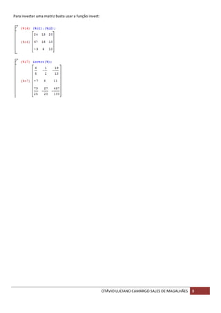 OTÁVIO LUCIANO CAMARGO SALES DE MAGALHÃES 8
Para inverter uma matriz basta usar a função invert:
 
