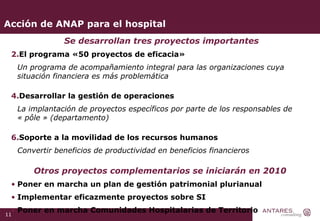 Acción de ANAP para el hospital Se desarrollan tres proyectos importantes El programa «50 proyectos de eficacia»  Un programa de acompañamiento integral para las organizaciones cuya situación financiera es más problemática Desarrollar la gestión de operaciones La implantación de proyectos específicos por parte de los responsables de « pôle » (departamento) Soporte a la movilidad de los recursos humanos Convertir beneficios de productividad en beneficios financieros Otros proyectos complementarios se iniciarán en 2010  Poner en marcha un plan de gestión patrimonial plurianual Implementar eficazmente proyectos sobre SI Poner en marcha Comunidades Hospitalarias de Territorio 