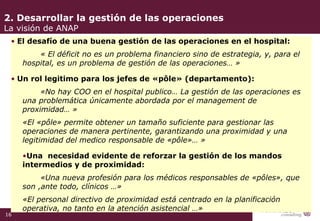 2. Desarrollar la gestión de las operaciones La visión de ANAP El desafío de una buena gestión de las operaciones en el hospital: « El déficit no es un problema financiero sino de estrategia, y, para el hospital, es un problema de gestión de las operaciones… » Un rol legitimo para los jefes de «pôle» (departamento): «No hay COO en el hospital publico… La gestión de las operaciones es una problemática únicamente abordada por el management de proximidad… » «El «pôle» permite obtener un tamaño suficiente para gestionar las operaciones de manera pertinente, garantizando una proximidad y una legitimidad del medico responsable de «pôle»… » Una  necesidad evidente de reforzar la gestión de los mandos intermedios y de proximidad: «Una nueva profesión para los médicos responsables de «pôles», que son ,ante todo, clínicos …» «El personal directivo de proximidad est á  centrado en la planificación operativa, no tanto en la atención asistencial …» 