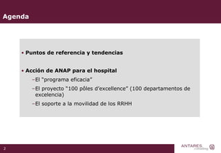 Agenda Puntos de referencia y tendencias Acción de ANAP para el hospital El “programa eficacia” El proyecto “100 pôles d’excellence” (100 departamentos de excelencia) El soporte a la movilidad de los RRHH 