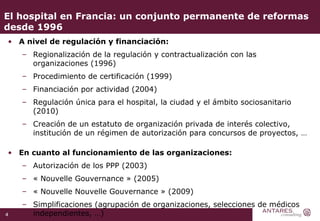 El hospital en Francia: un conjunto permanente de reformas desde 1996 A nivel de regulación y financiación: Regionalización de la regulación y contractualización con las organizaciones (1996)  Procedimiento de certificación (1999) Financiación por actividad (2004) Regulación única para el hospital, la ciudad y el ámbito sociosanitario (2010) Creación de un estatuto de organización privada de interés colectivo, institución de un régimen de autorización para concursos de proyectos, … En cuanto al funcionamiento de las organizaciones: Autorización de los PPP (2003) « Nouvelle Gouvernance » (2005) « Nouvelle Nouvelle Gouvernance » (2009) Simplificaciones (agrupación de organizaciones, selecciones de médicos independientes, …) 