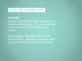 VISÃO DO GRUPO WPP
FUTURO
Querem crescer ainda mais no digital e no
investimento em dados. É o meio que mais
cresce no share de investimento das
marcas.
Hoje Google e Facebook lideram esses
investimentos. Apostam no snapchat para
ser a terceira força num futuro próximo.
 