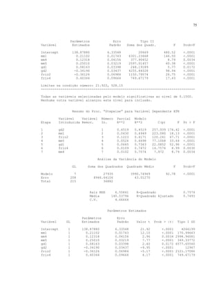 75
Parâmetros Erro Tipo II
Variável Estimados Padrão Soma dos Quadr. F Prob>F
Intercept 138.87880 6.33548 20669 480.52 <.0001
mm1 0.21102 0.01743 6301.23668 146.50 <.0001
mm4 0.12318 0.04156 377.90452 8.79 0.0034
mm5 0.25010 0.03219 2597.01457 60.38 <.0001
gd1 0.08163 0.03398 248.19189 5.77 0.0172
gd2 -0.34190 0.03437 4255.84028 98.94 <.0001
frio2 -0.36126 0.06984 1150.79574 26.75 <.0001
frio4 0.40344 0.09664 749.67179 17.43 <.0001
Limites na condição número: 21.922, 528.15
-------------------------------------------------------------------------------
Todas as variáveis selecionadas pelo modelo significativas ao nível de 0.1500.
Nenhuma outra variável alcançou este nível para inclusão.
Resumo do Proc. “Stepwise” para Variável Dependente ATR
Variável Variável Número Parcial Modelo
Etapa Introduzida Remov. In. R**2 R**2 C(p) F Pr > F
1 gd2 1 0.4519 0.4519 257.939 176.42 <.0001
2 mm1 2 0.0430 0.4949 223.080 18.13 <.0001
3 frio2 3 0.1223 0.6171 120.241 67.71 <.0001
4 mm5 4 0.0526 0.6698 77.1068 33.64 <.0001
5 gd1 5 0.0665 0.7363 22.0852 52.96 <.0001
6 frio4 6 0.0109 0.7472 14.7574 8.99 0.0030
7 mm4 7 0.0102 0.7574 7.972 8.79 0.0034
Análise da Variância do Modelo
GL Soma dos Quadrados Quadrado Médio F Prob>F
Modelo 7 27935 3990.74969 92.78 <.0001
Erro 208 8946.64106 43.01270
Total 215 36882
Raiz MSE 6.55841 R-Quadrado 0.7574
Média 140.53796 R-Quadrado Ajustado 0.7493
C.V. 4.66664
Parâmetros Estimados
Parâmetros Erro
Variável GL Estimados Padrão Valor t Prob > |t| Tipo I SS
Intercept 1 138.87880 6.33548 21.92 <.0001 4266199
mm1 1 0.21102 0.01743 12.10 <.0001 170.99663
mm4 1 0.12318 0.04156 2.96 0.0034 2998.96081
mm5 1 0.25010 0.03219 7.77 <.0001 349.33772
gd1 1 0.08163 0.03398 2.40 0.0172 6577.65560
gd2 1 -0.34190 0.03437 -9.95 <.0001 12967
frio2 1 -0.36126 0.06984 -5.17 <.0001 2121.17086
frio4 1 0.40344 0.09664 4.17 <.0001 749.67179
 