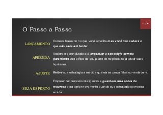 Comece baseado no que você acredita mas você não saberá o
que não sabe até tentar.
LANÇAMENTO
Acelere o aprendizado até encontrar a estratégia correta
garantindo que o foco de seu plano de negócios seja testar suas
hipóteses.
APRENDA
Refine sua estratégia a medida que ela se prova falsa ou verdadeira.AJUSTE
Empreendedores são inteligentes e guardam uma sobra de
recursos para tentar novamente quando sua estratégia se mostra
errada.
SEJA ESPERTO
O Passo a Passo
 