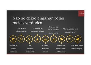 Não se deixe enganar pelas
meias-verdades
O cliente
Pensa
como eu
Os
clientes
aparecerão
É muito
difícil nos
copiar
Vamos ter
receita com
publicidade
Eu e meu sócio
somos amigos,
Não temos
Concorrentes
Nossa ideia
é muito diferente
Quando eu
vender muito a
conta fecha
Vamos vencer pois
somos 3 em 1
 