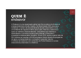 Inovar é a melhor sensação que tem:
fazer o que ninguém fez e trazer impacto positivo.
A Endeavor é uma organização global sem fins lucrativos de fomento a
empreendedorismo de alto impacto. No Brasil desde 2000, atua para
multiplicar o número de empreendedores de alto crescimento e criar
um ambiente de negócios melhor para o país. Para isso, seleciona e
apoia os melhores empreendedores, compartilha suas histórias e
aprendizados, e promove estudos para entender e direcionar o
ecossistema empreendedor brasileiro. Só em 2014, ajudou a gerar mais de
R$ 2 bilhões em receitas e 20.000 empregos diretos através de programas
de apoio a empreendedores; e a inspirar e capacitar mais de
3 milhões de brasileiros com conteúdos do Portal Endeavor e cursos
educacionais presenciais e a distância.
QUEM É
endeavor
 