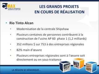 LES GRANDS PROJETS  EN COURS DE RÉALISATION Rio Tinto Alcan Modernisation de la centrale Shipshaw Plusieurs centaines de personnes contribuent à la construction de l’usine AP 60  phase 1 (1,2 milliards) 352 millions $ sur 753 à des entreprises régionales 82% main d’œuvre  Plusieurs entreprises régionales sont à l’œuvre soit directement ou en sous-traitance LA RÉGION SE DÉMARQUE… 