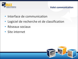 Volet communication Interface de communication Logiciel de recherche et de classification Réseaux sociaux Site internet 
