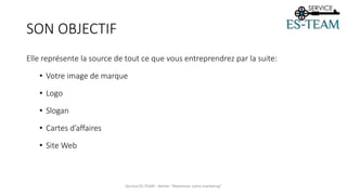 Elle représente la source de tout ce que vous entreprendrez par la suite:
• Votre image de marque
• Logo
• Slogan
• Cartes d’affaires
• Site Web
Service ES-TEAM - Atelier "Maximiser votre marketing"
SON OBJECTIF
 
