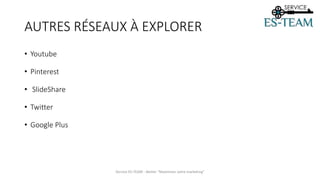 AUTRES RÉSEAUX À EXPLORER
• Youtube
• Pinterest
• SlideShare
• Twitter
• Google Plus
Service ES-TEAM - Atelier "Maximiser votre marketing"
 