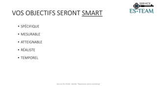 VOS OBJECTIFS SERONT SMART
• SPÉCIFIQUE
• MESURABLE
• ATTEIGNABLE
• RÉALISTE
• TEMPOREL
Service ES-TEAM - Atelier "Maximiser votre marketing"
 
