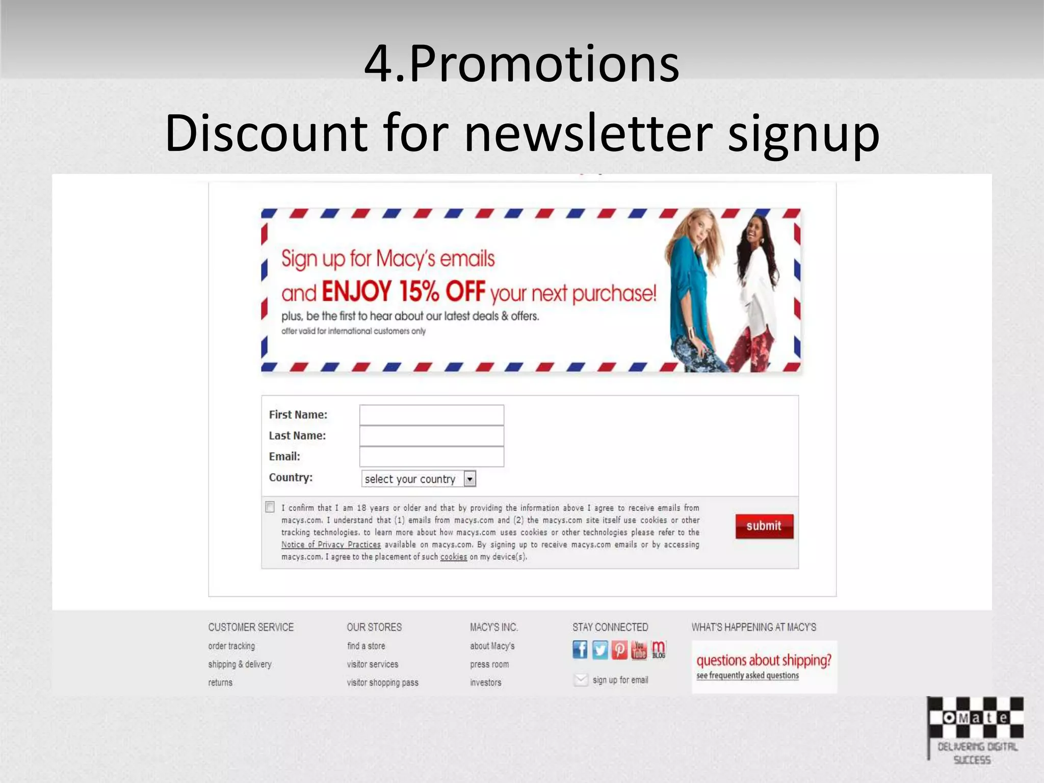 4.Promotions
Discount for newsletter signup
 