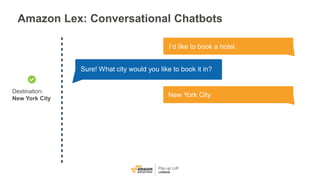 Amazon Lex: Conversational Chatbots
I’d like to book a hotel.
Sure! What city would you like to book it in?
New York City
...