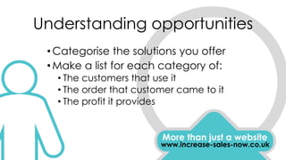 Understanding opportunities
More than just a website
www.increase-sales-now.co.uk
•Categorise the solutions you offer
•Make a list for each category of:
• The customers that use it
• The order that customer came to it
• The profit it provides
 