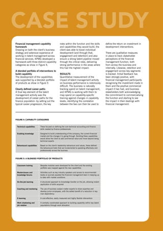 financial management capability                     roles within the function and the skills            define the return on investment in
     framework                                           and capabilities they would build, the              development interventions.
     drawing on both the client’s business               client was able to boost individual
     strategy and extensive experience of                development (and through that,                      There are qualitative measures
     working in talent management across                 engagement and retention) and also                  in place to track stakeholder
     financial services, KPMG developed a                ensure a strong talent pipeline moved               perceptions of the financial
     framework with three distinct capability            through the critical roles, delivering              management function, both
     categories as show in Figure 4.                     strong performance in the areas where               from across the business and
                                                         this had the highest impact.                        internally. Likewise, retention and
     a blended portfolio of interventions to                                                                 engagement across key segments
     build capability                                    resUlts                                             is tracked. Initial feedback has
     The development of the capabilities                 Quantitative measurement of the                     been strongly positive, with
     was supported by a blended portfolio                impact of talent management activity                financial management participants
     of products as show in Figure 5                     on business performance is notoriously              recognising the investment made in
                                                         difficult. The business is naturally                them and the positive commercial
     clearly defined career paths                        tracking spend on talent management,                impact it has had, and business
     A final key element of the talent                   and KPMG is working with them to                    stakeholders both acknowledging
     management activity was the                         map spend on capability-specific                    the commitment to commercialising
     development of career paths for the                 training against changes in capability              the function and starting to see
     finance population: by setting out the              levels; identifying the correlation                 the impact in their dealings with
     typical career progression, the key                 between the two can then be used to                 financial management.




     FIGurE 4: CAPAbIlITy CATEGorIEs


      technical capabilities     These focused on defining the core technical accounting and finance
                                 skills needed by finance professionals

      enabling knowledge         designed to build understanding of the company, the current financial
                                 market and the changes it is going through. Building these capabilities
                                 would allow the client to add commercial value and move beyond being
                                 technical experts

      Behavioural capabilities   Based on the client’s leadership behaviours and values, these defined
                                 the behavioural traits that are fundamental to operating effectively and
                                 professionally across the business



     FIGurE 5: A blEndEd PorTFolIo oF ProduCTs


      classroom training         Bespoke modules were developed for the client and the existing
                                 portfolio was mapped against the new capabilities

      masterclasses and          Activities such as key industry speakers and access to recommended
      knowledge forums           books or journals assisted the financial management team in keeping up
                                 to date with market conditions

      on-the-job learning        A structured approach to knowledge transfer on the job, allowing instant
                                 application of skills acquired

      coaching and mentoring     The use of business subject matter experts to share expertise and
                                 develop junior employees, with the added benefit of a reduction in key
                                 man dependency

      e-learning                 A cost-effective, easily measured and highly flexible intervention

      work shadowing and         A centrally coordinated approach to building capability within key talent
      job rotation               populations through work allocation




20
 