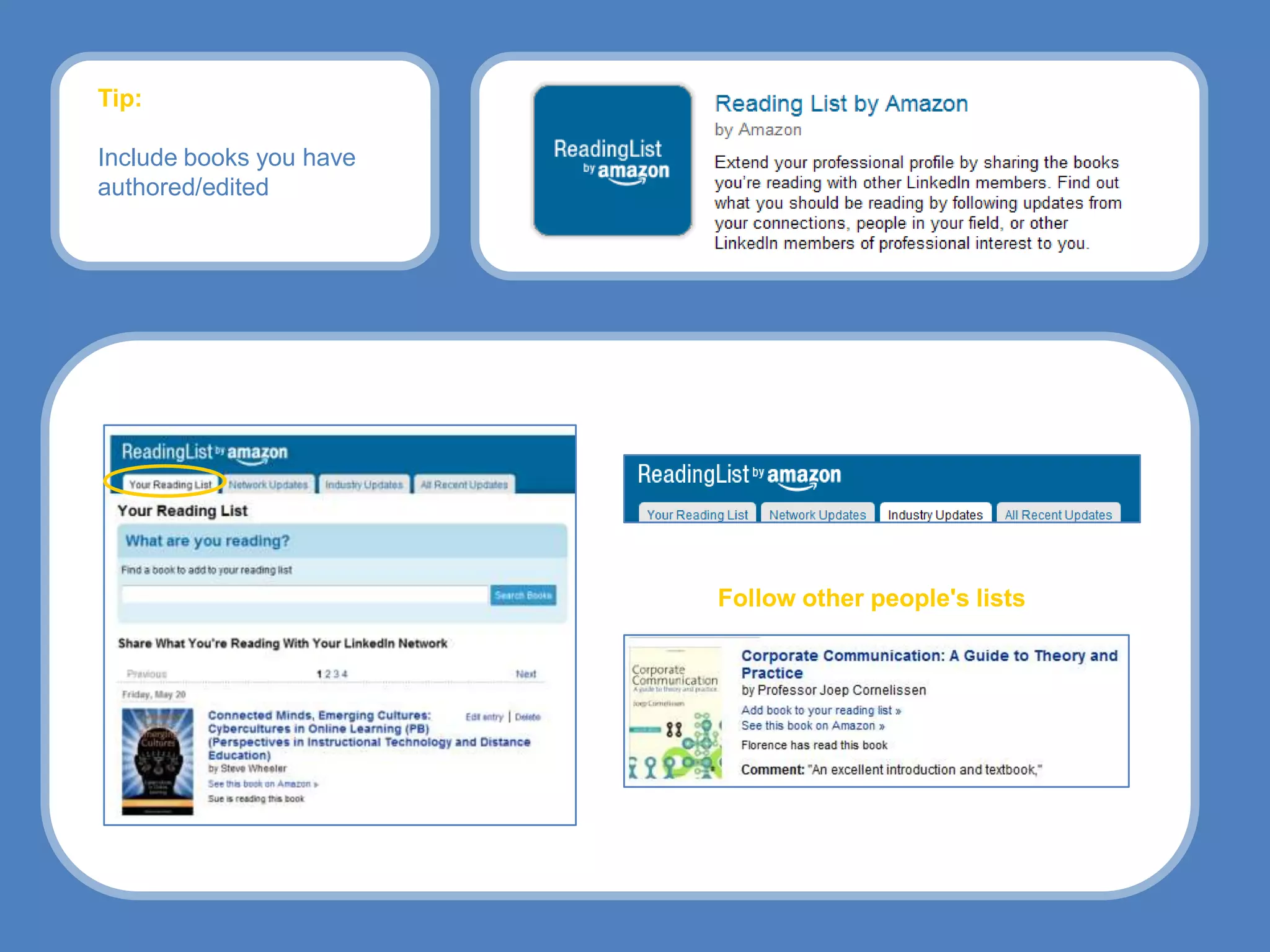 Tip:

Include books you have
authored/edited




                         Follow other people's lists
 