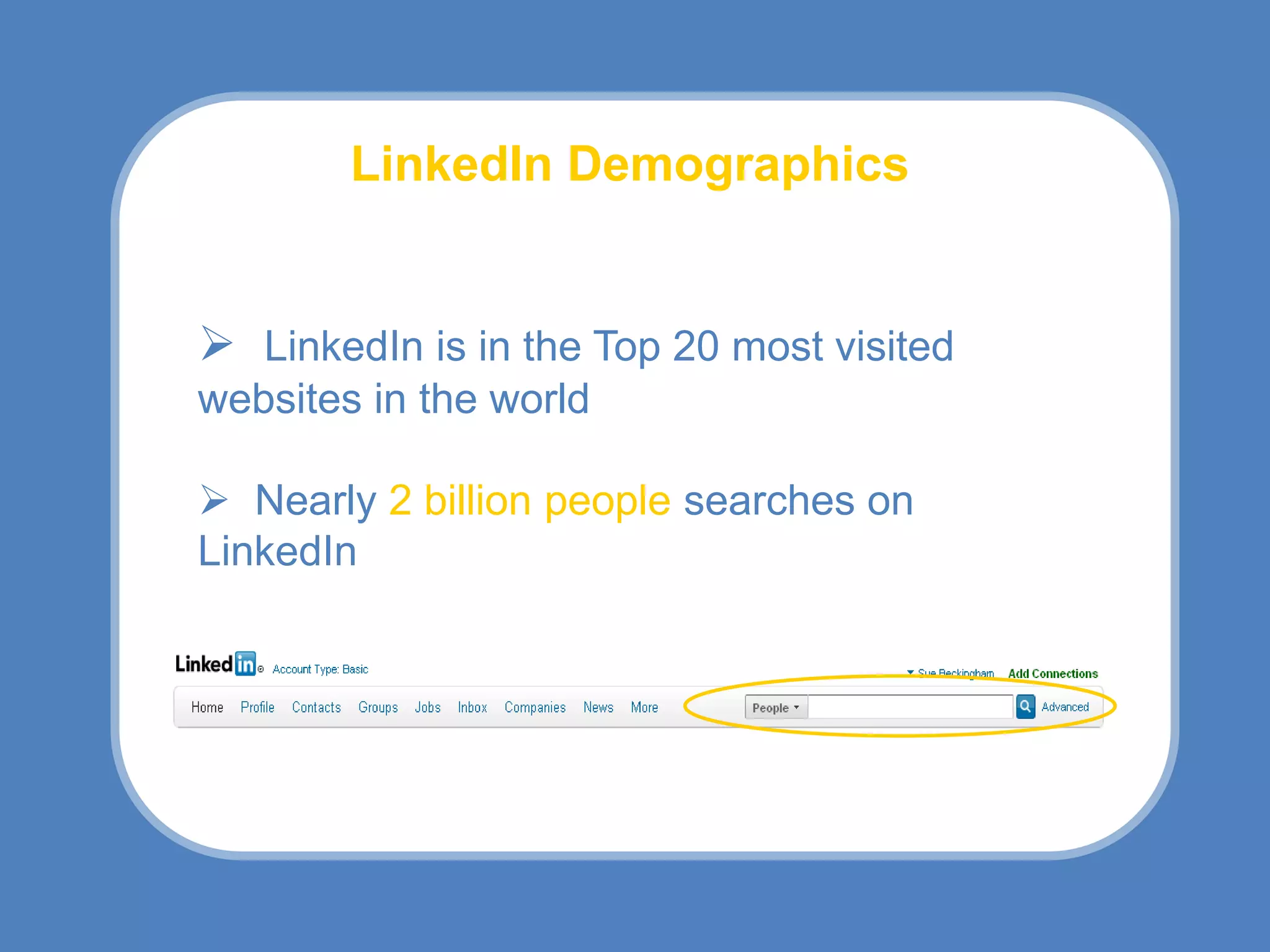 LinkedIn Demographics


 LinkedIn is in the Top 20 most visited
websites in the world
          http://www.alexa.com/topsites/global
 Nearly 2 billion people searches on
LinkedIn
 
