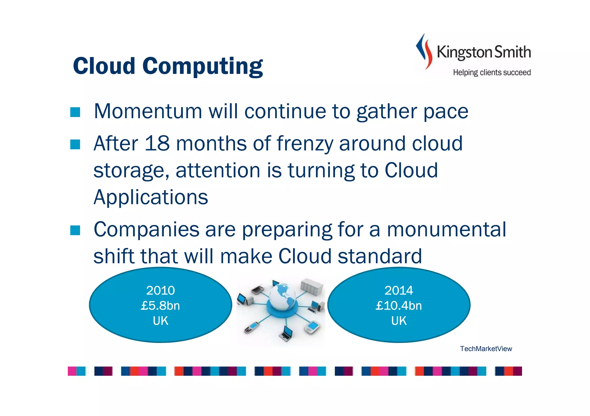 Cloud Computing
 Momentum will continue to gather pace
 After 18 months of frenzy around cloud
 storage, attention is turning to Cloud
 Applications
 Companies are preparing for a monumental
 shift that will make Cloud standard
      2010                   2014
     £5.8bn                 £10.4bn
       UK                     UK

                                      TechMarketView
 