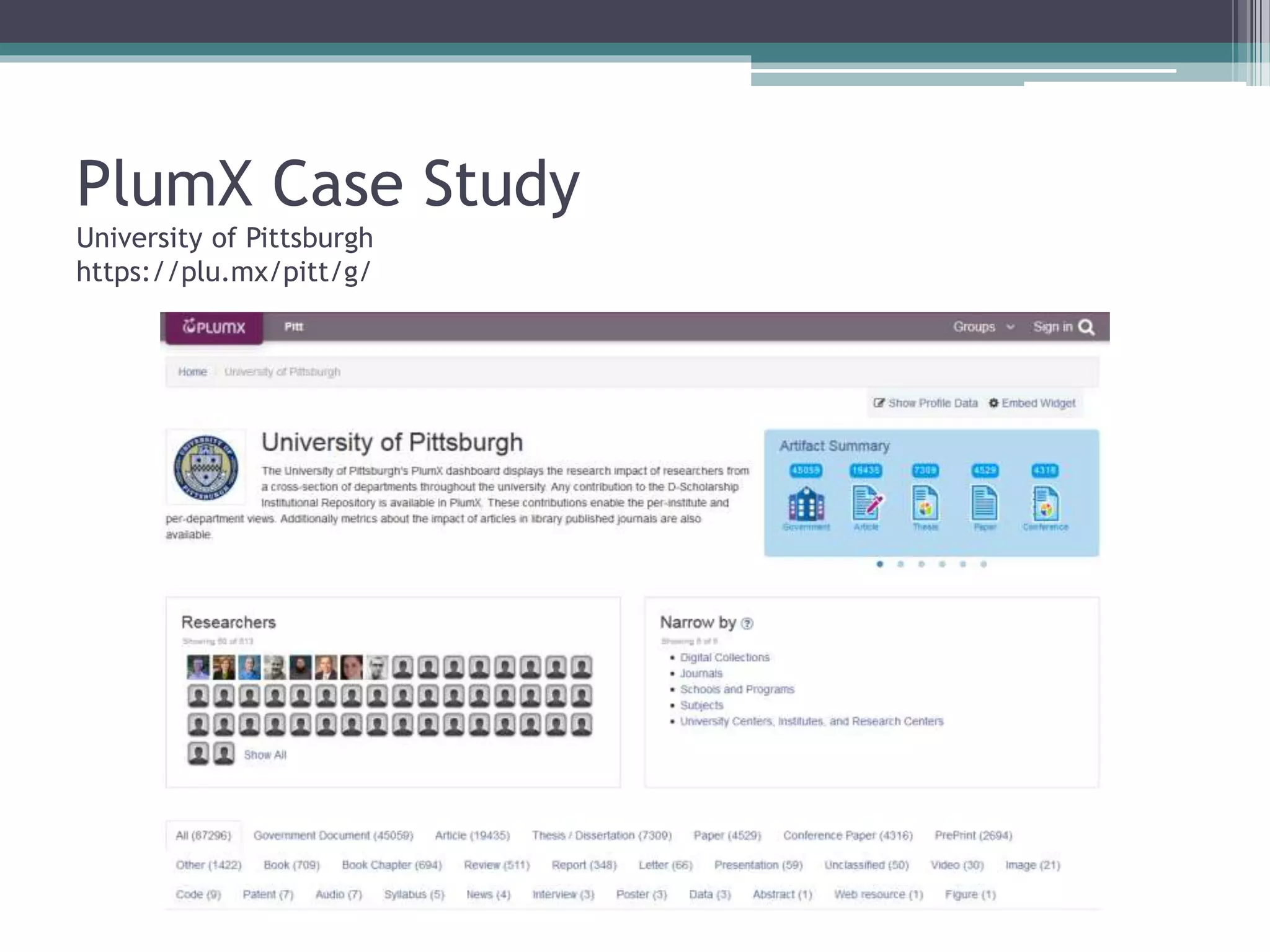 PlumX Case Study
University of Pittsburgh
https://plu.mx/pitt/g/
 