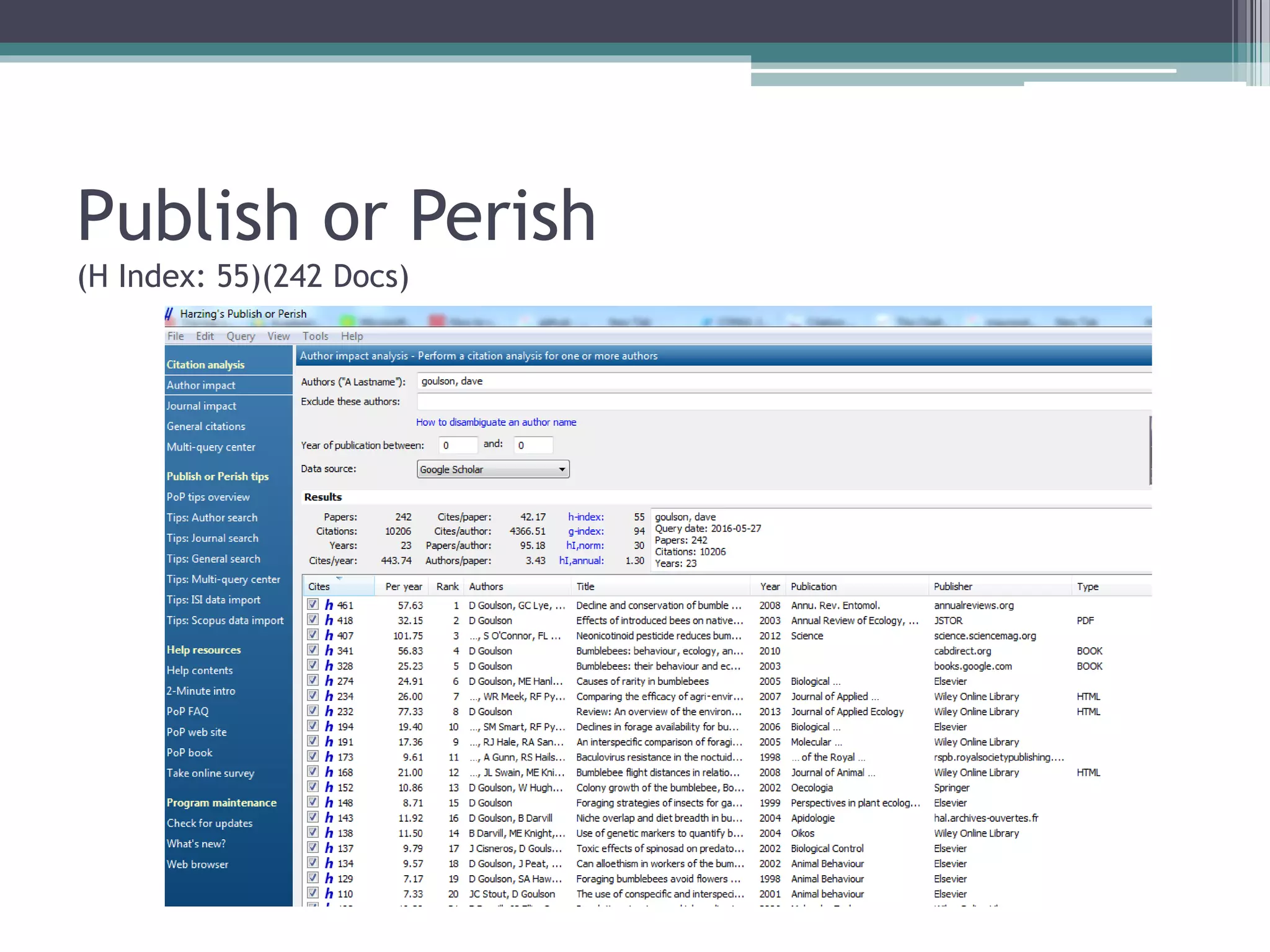Publish or Perish
(H Index: 55)(242 Docs)
 