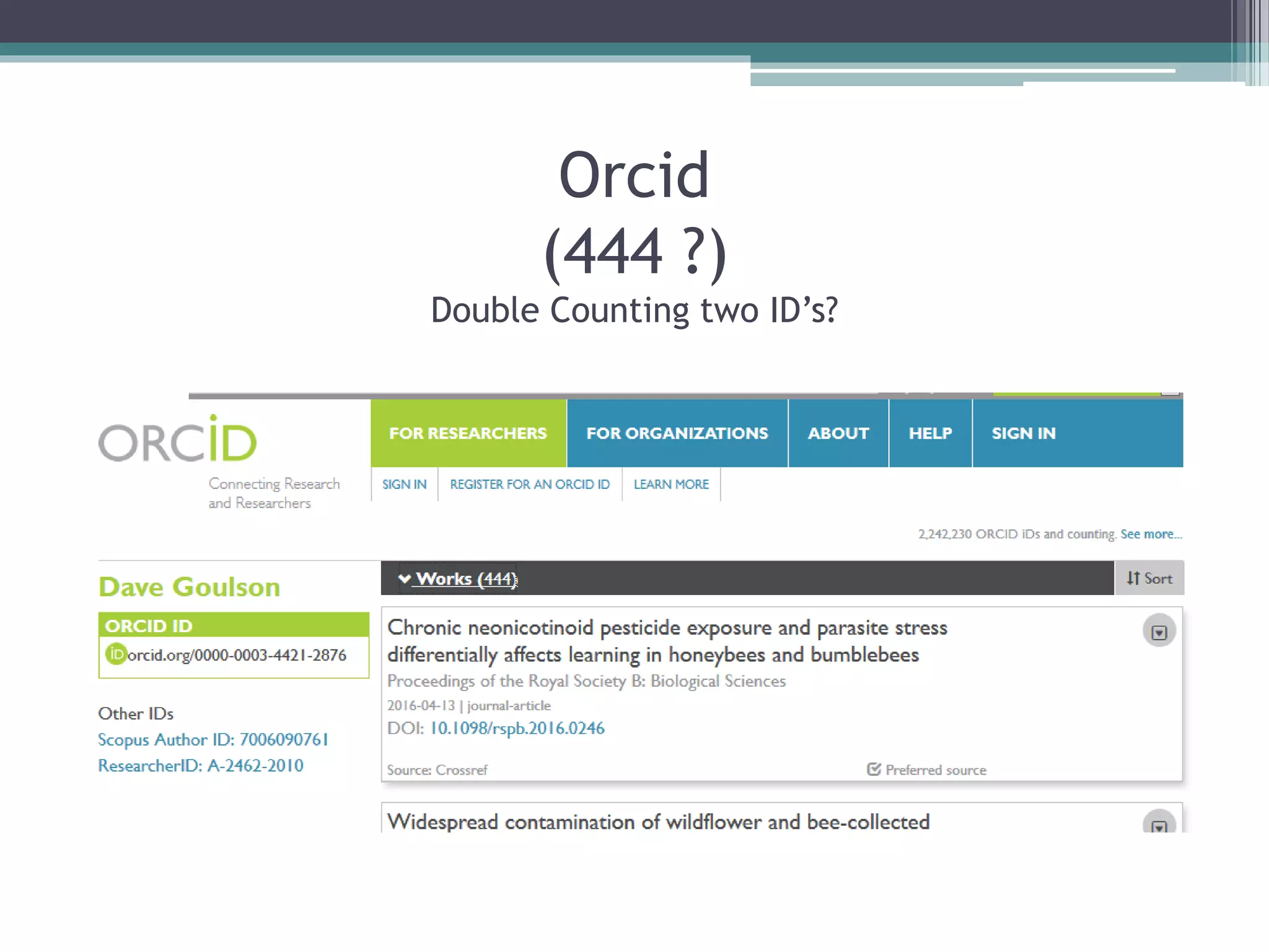 Orcid
(444 ?)
Double Counting two ID’s?
 