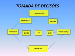 TOMADA DE DECISÕES
                            PLANEJAMENTO




              ORGANIZAÇÃO                    EXECUÇÃO




OPERACIONAL                                             COMERCIALIZAÇÃO
                 CUSTOS         BOI        DIETA




                            RESULTADOS


                                                                          5
 