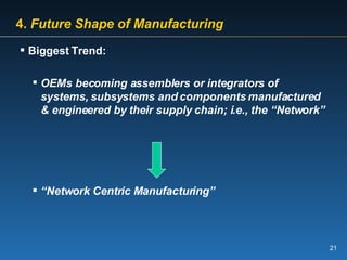   4.   Future Shape of Manufacturing   Biggest Trend: OEMs becoming assemblers or integrators of systems, subsystems and components manufactured & engineered by their supply chain; i.e., the “Network” “ Network Centric Manufacturing” 