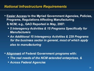   National Infrastructure Requirements Easier Access  to the Myriad Government Agencies, Policies, Programs, Regulations Affecting Manufacturing  & NCM; e.g., GAO Reported in May, 2007: 5 Interagency Activities & 15 Programs Specifically for Manufacturers An Additional 15 Interagency Activities & 239 Programs  for the business sector in general, most of which apply  also to manufacturing Alignment  of Federal Government programs with: The real needs of the NCM extended enterprises, & Across Federal Agencies 