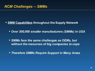   NCM Challenges -- SMMs   SMM Capabilities  throughout the Supply Network Over 300,000 smaller manufacturers (SMMs) in USA SMMs face the same challenges as OEMs, but  without the resources of big companies to cope Therefore SMMs Require Support in Many Areas 