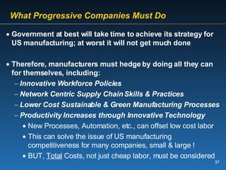   What Progressive Companies Must Do   Government at best will take time to achieve its strategy for US manufacturing; at worst it will not get much done Therefore, manufacturers must hedge by doing all they can for themselves, including: Innovative Workforce Policies Network Centric Supply Chain Skills & Practices Lower Cost Sustainable & Green Manufacturing Processes Productivity Increases through Innovative Technology New Processes, Automation, etc., can offset low cost labor This can solve the issue of US manufacturing competitiveness for many companies, small & large ! BUT,  Total  Costs, not just cheap labor, must be considered 