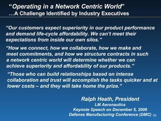 “ Operating in a Network Centric World ” … A Challenge Identified by Industry Executives “ Our customers expect superiority in our product performance  and demand life-cycle affordability. We can’t meet their  expectations from inside our own silos.”  “ How we connect, how we collaborate, how we make and meet commitments, and how we structure contracts in such a network centric world will determine whether we can achieve superiority and affordability of our products.” Ralph Heath, President LM Aeronautics Keynote Speech on December 5, 2006 Defense Manufacturing Conference (DMC) “ Those who can build relationships based on intense collaboration and trust will accomplish the tasks quicker and at lower costs – and they will take home the prize.”  