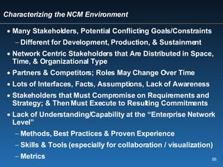 Characterizing the NCM Environment Many Stakeholders, Potential Conflicting Goals/Constraints Different for Development, Production, & Sustainment Network Centric Stakeholders that Are Distributed in Space, Time, & Organizational Type Partners & Competitors; Roles May Change Over Time Lots of Interfaces, Facts, Assumptions, Lack of Awareness Stakeholders that Must Compromise on Requirements and Strategy; & Then Must Execute to Resulting Commitments Lack of Understanding/Capability at the “Enterprise Network Level” Methods, Best Practices & Proven Experience Skills & Tools (especially for collaboration / visualization) Metrics 