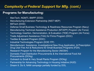   Complexity  of  Federal Support for Mfg. (cont.)   Programs for Manufacturing: ManTech, NGMTI, BMPP (DOD)  Manufacturing Extension Partnership (NIST MEP) MilTech (DOD)  Defense Small Business Technology & Readiness Resources Program (Navy)  Manufacturing Technical Assistance Production (MTAPP) Program (Air Force) Technology Insertion, Demonstration, & Evaluation (TIDE) Program (Air Force) Trade Adjustment Assistance (TAA) for Firms Program (DOC) Textiles & Apparel Program (DOC) Industrial Technologies Program (DOE ITP)  Manufacturers’ Assistance, Investigational New Drug Application, & Prescription Drug User Fee Act & Reductions for Small Business Programs (FDA)  Research Program for the Manufacturing Sector (NIOSH)  Domestic Food Distribution Procurements & the International Food Aid Procurements (DOAg) Outreach to Small & Very Small Plants Program (DOAg)  Partnership for Advancing Technology in Housing Initiative (HUD)  Dream It. Do It, NAM campaign partially funded by DOL 
