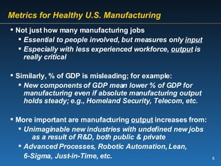 Metrics for Healthy U.S. Manufacturing Not just how many manufacturing jobs Essential to people involved, but measures only  input Especially with less experienced workforce,  output  is really critical  Similarly, % of GDP is misleading; for example: New components of GDP mean lower % of GDP for manufacturing even if absolute manufacturing output holds steady; e.g., Homeland Security, Telecom, etc. More important are manufacturing  output  increases from: Unimaginable new industries with undefined new jobs    as a result of R&D, both public & private Advanced Processes, Robotic Automation, Lean, 6-Sigma, Just-in-Time, etc. 