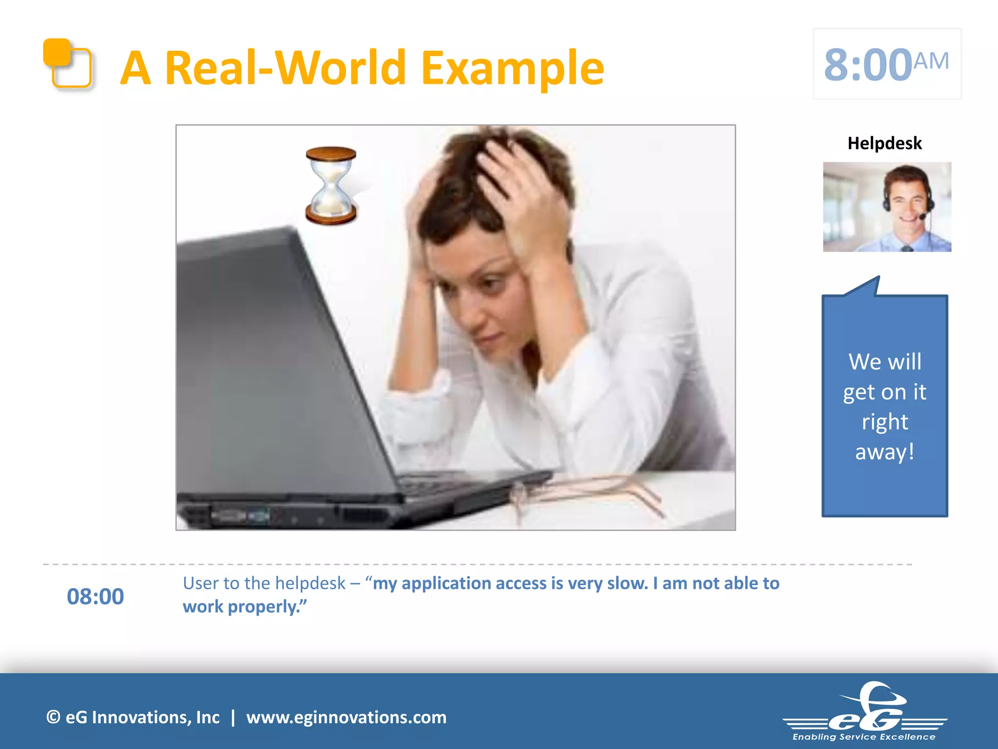 © eG Innovations, Inc | www.eginnovations.com
A Real-World Example
08:00
User to the helpdesk – “my application access is very slow. I am not able to
work properly.”
8:00AM
Helpdesk
We will
get on it
right
away!
 