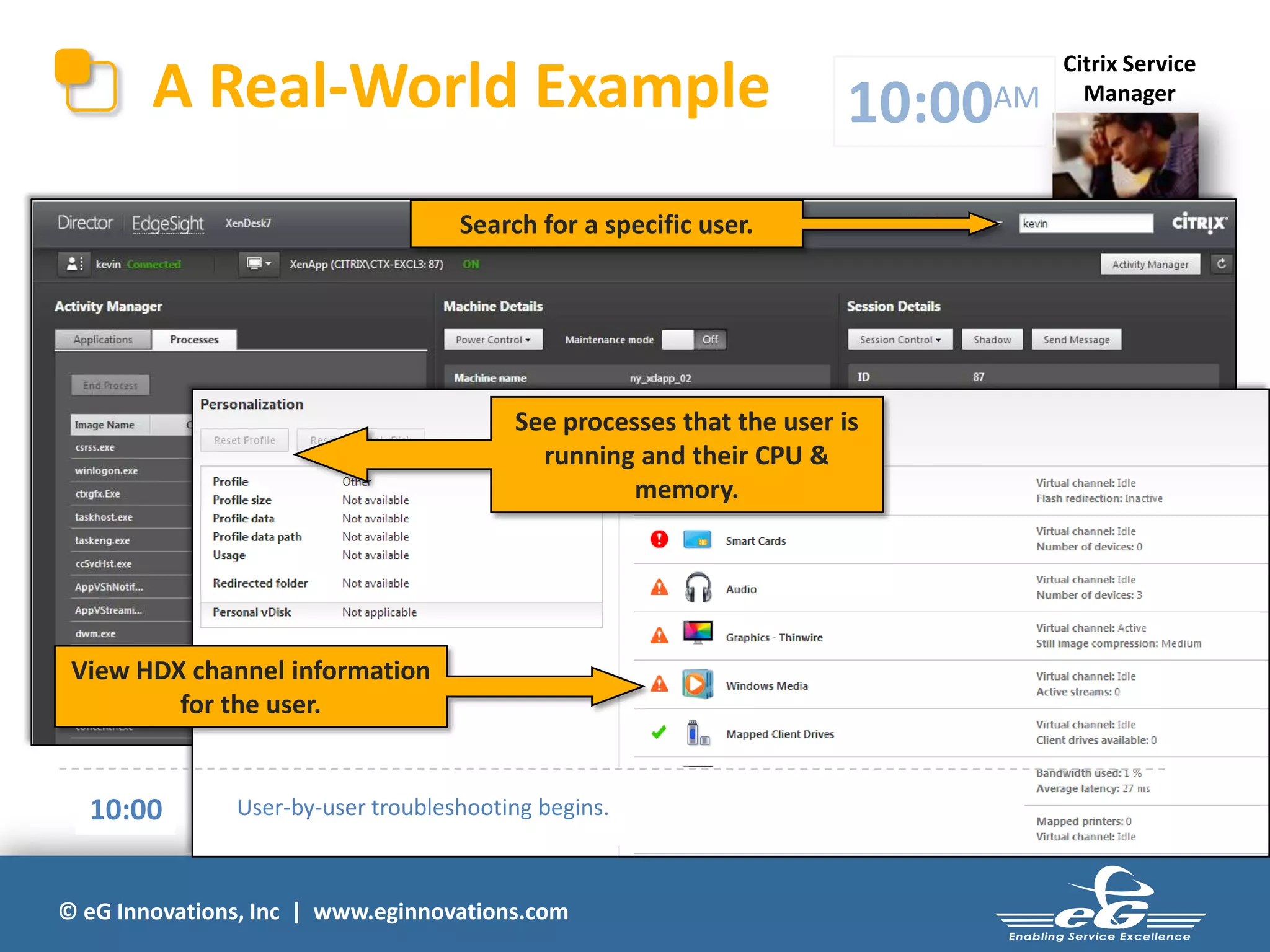 © eG Innovations, Inc | www.eginnovations.com
Citrix Service
ManagerA Real-World Example
Search for a specific user.
See processes that the user is
running and their CPU &
memory.
View HDX channel information
for the user.
10:00AM
10:00 User-by-user troubleshooting begins.
 