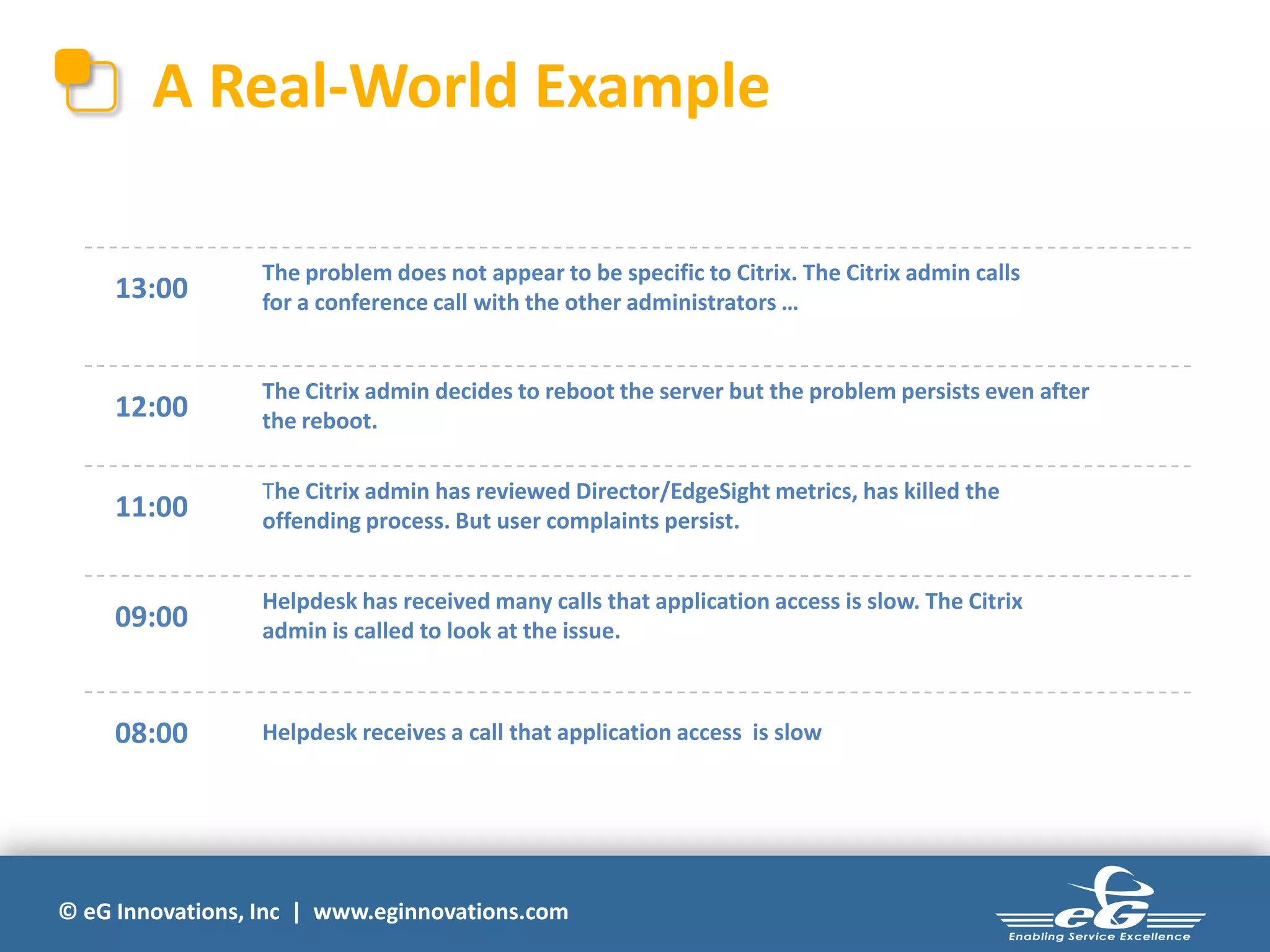 © eG Innovations, Inc | www.eginnovations.com
A Real-World Example
08:00 Helpdesk receives a call that application access is slow
09:00
Helpdesk has received many calls that application access is slow. The Citrix
admin is called to look at the issue.
11:00
The Citrix admin has reviewed Director/EdgeSight metrics, has killed the
offending process. But user complaints persist.
12:00
The Citrix admin decides to reboot the server but the problem persists even after
the reboot.
13:00
The problem does not appear to be specific to Citrix. The Citrix admin calls
for a conference call with the other administrators …
 
