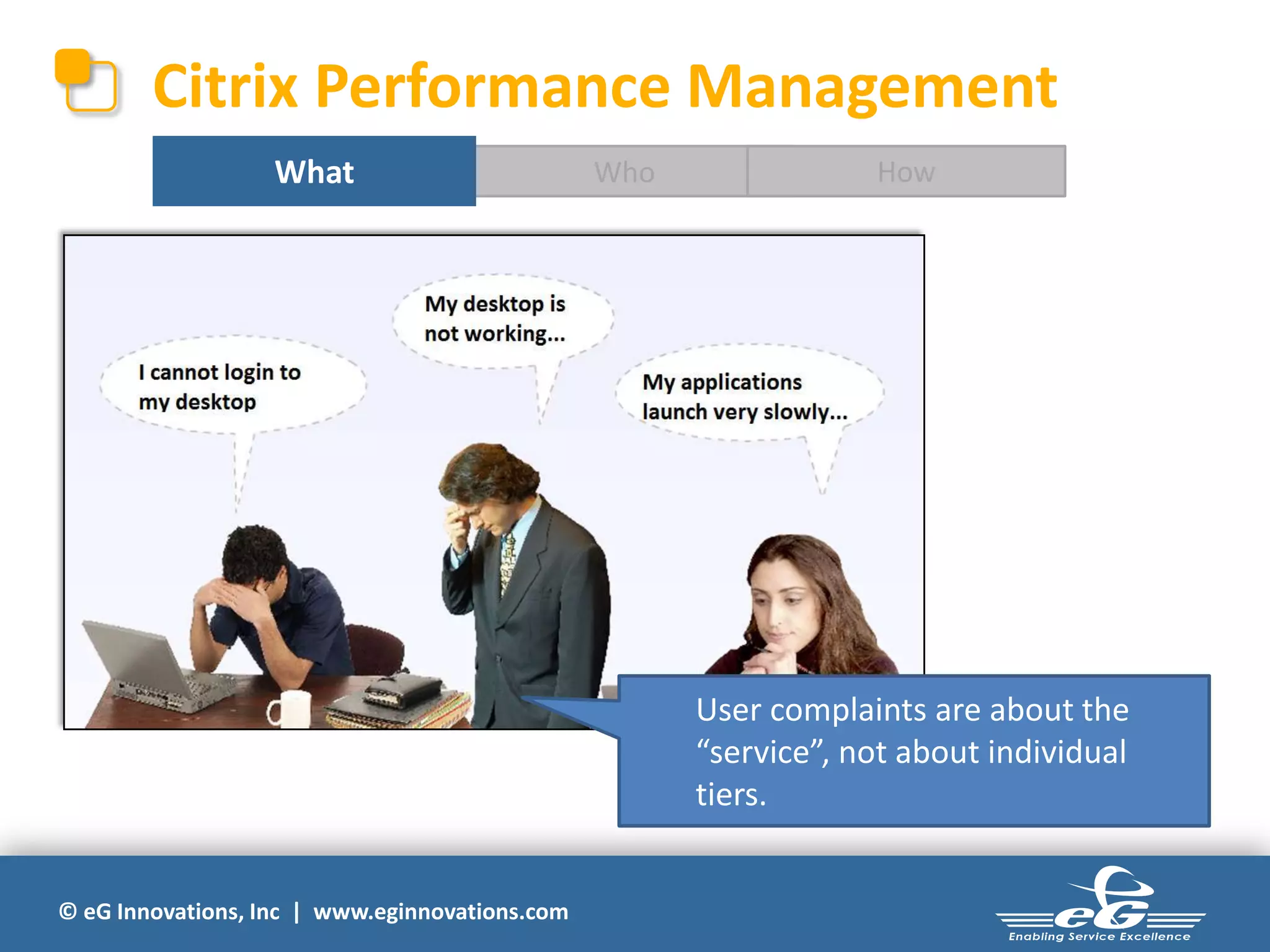 © eG Innovations, Inc | www.eginnovations.com
WhoWhat
Citrix Performance Management
How
User complaints are about the
“service”, not about individual
tiers.
 
