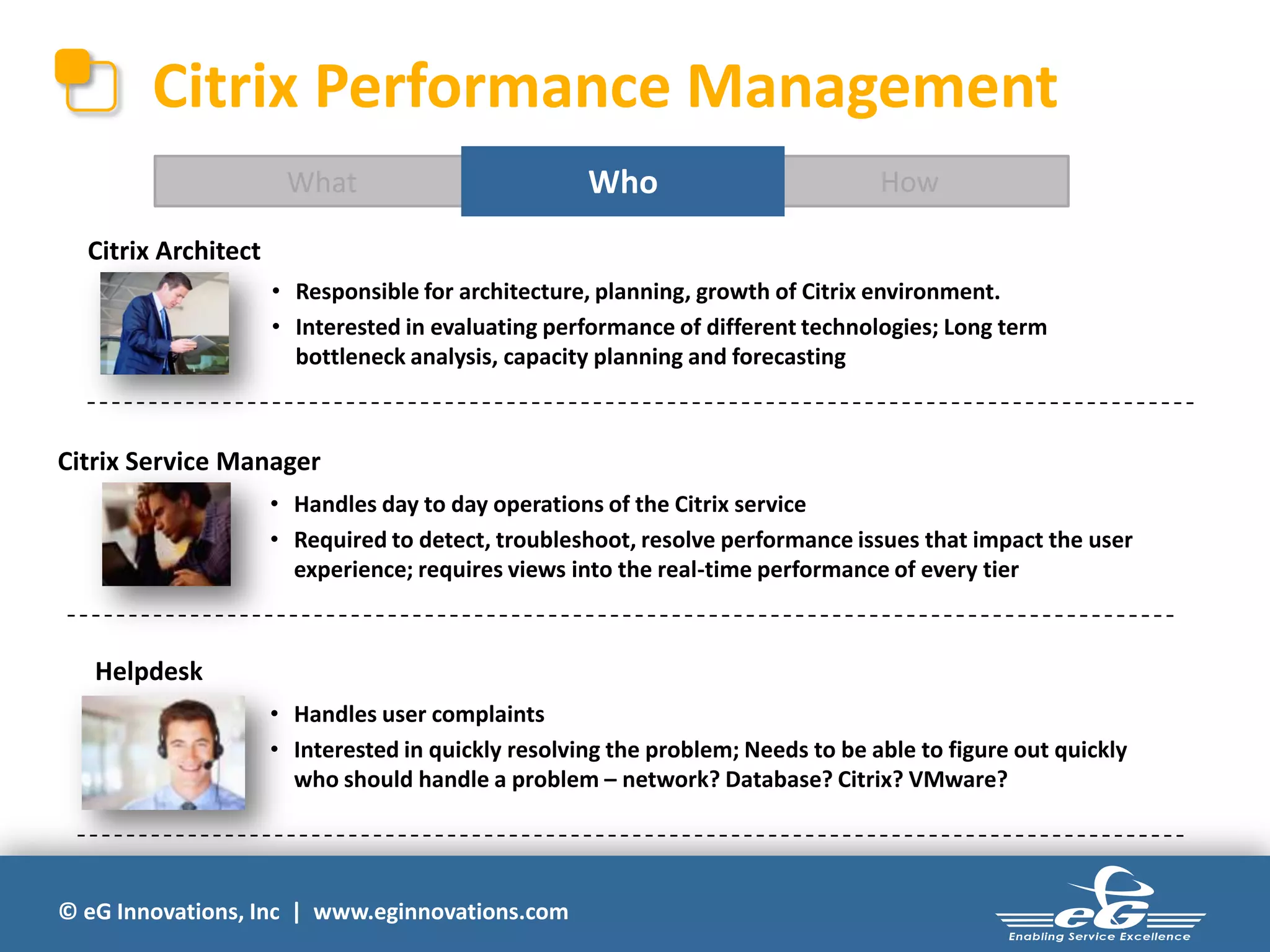 © eG Innovations, Inc | www.eginnovations.com
Who
Citrix Performance Management
HowWhat Who
Citrix Architect
• Responsible for architecture, planning, growth of Citrix environment.
• Interested in evaluating performance of different technologies; Long term
bottleneck analysis, capacity planning and forecasting
• Handles day to day operations of the Citrix service
• Required to detect, troubleshoot, resolve performance issues that impact the user
experience; requires views into the real-time performance of every tier
Citrix Service Manager
• Handles user complaints
• Interested in quickly resolving the problem; Needs to be able to figure out quickly
who should handle a problem – network? Database? Citrix? VMware?
Helpdesk
 