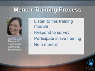 Mentor Training Process
                 1.   Listen to this training
                      module
                 2.   Respond to survey
April Riordan,
Director of
                 3.   Participate in live training
Training and
Community
                 4.   Be a mentor!
Partnerships




                                                     3
                                                         3
 