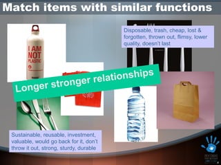 Match items with similar functions
                                         Disposable, trash, cheap, lost &
                                         forgotten, thrown out, flimsy, lower
                                         quality, doesn’t last




 Sustainable, reusable, investment,
 valuable, would go back for it, don’t
 throw it out, strong, sturdy, durable

                                                                                4
 
