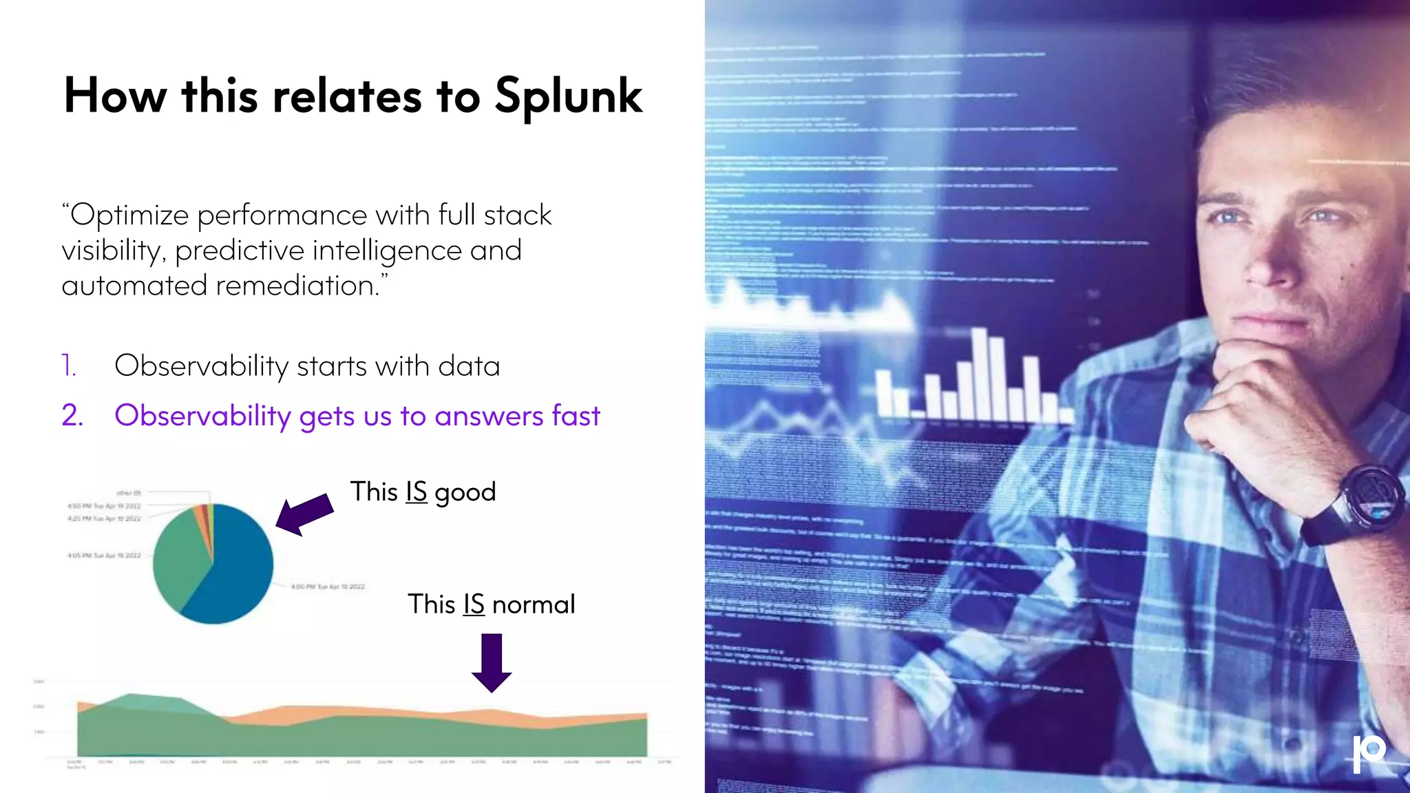 “Optimize performance with full stack
visibility, predictive intelligence and
automated remediation.”
1. Observability starts with data
2. Observability gets us to answers fast
This IS good
This IS normal
How this relates to Splunk
 