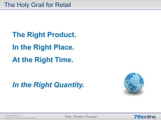 The Holy Grail for Retail



   The Right Product.
   In the Right Place.
   At the Right Time.


   In the Right Quantity.
 