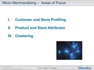 Micro Merchandising – Areas of Focus



   I.    Customer and Store Profiling

   II.   Product and Store Attributes

   III. Clustering
 