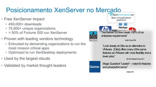 Posicionamento XenServer no Mercado
                                                               Best virtualization
• Free XenServer Impact                                             platform
  • 450,000+ downloads
  • 75,000+ unique organizations
  • > 50% of Fortune 500 run XenServer                “XenServer 5.5 now meets 100% of our
                                                      enterprise requirements”
• Proven with leading vendors technology                                   -BurtonGroup,2009

  • Entrusted by demanding organizations to run the    “Look closely at Citrix as an alternative to
    most mission critical apps                         VMware. [Citrix] offers many of the same
  • Optimized to run XenDesktop deployments            features as VMware with more flexibility and a
                                                       lower price.”
• Used by the largest clouds                                                 -Info-TechResearchGroup,2011

                                                       Magic Quadrant “Leader" – noted for features
• Validated by market thought leaders                  and price/performance”
                                                                             -Gartner,2011
 