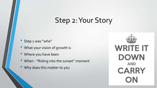 Step 2:Your Story
• Step 1 was “who”
• What your vision of growth is
• Where you have been
• When - “Riding into the sunset” moment
• Why does this matter to you
 